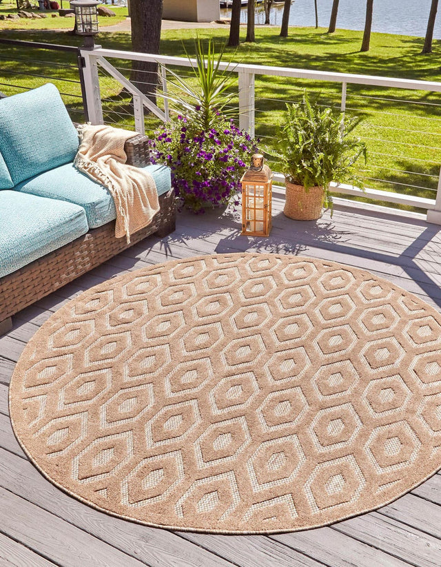 Beige 7' x 7' Outdoor Trellis Textured Round Area Rug Weather Resistant for Patio, Deck, Terrace, Balcony, Porch Geometric Design Water Safe Outside Carpet for Sale at Rug Engine