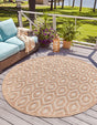 Beige 7' x 7' Outdoor Trellis Textured Round Area Rug Weather Resistant for Patio, Deck, Terrace, Balcony, Porch Geometric Design Water Safe Outside Carpet for Sale at Rug Engine