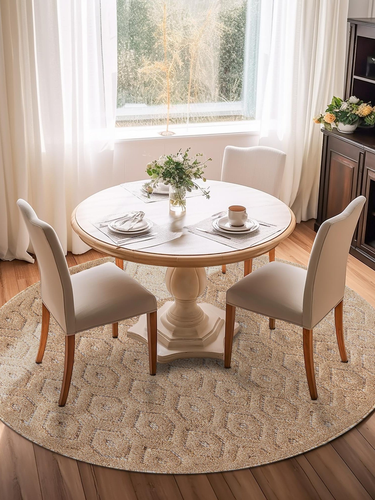Beige 7' x 7' Outdoor Trellis Textured Round Area Rug Weather Resistant for Patio, Deck, Terrace, Balcony, Porch Geometric Design Water Safe Outside Carpet for Sale at Rug Engine
