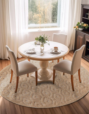 Beige 7' x 7' Outdoor Trellis Textured Round Area Rug Weather Resistant for Patio, Deck, Terrace, Balcony, Porch Geometric Design Water Safe Outside Carpet for Sale at Rug Engine