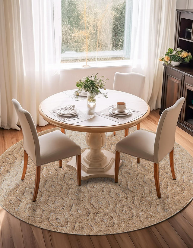 Beige 7' x 7' Outdoor Trellis Textured Round Area Rug Weather Resistant for Patio, Deck, Terrace, Balcony, Porch Geometric Design Water Safe Outside Carpet for Sale at Rug Engine