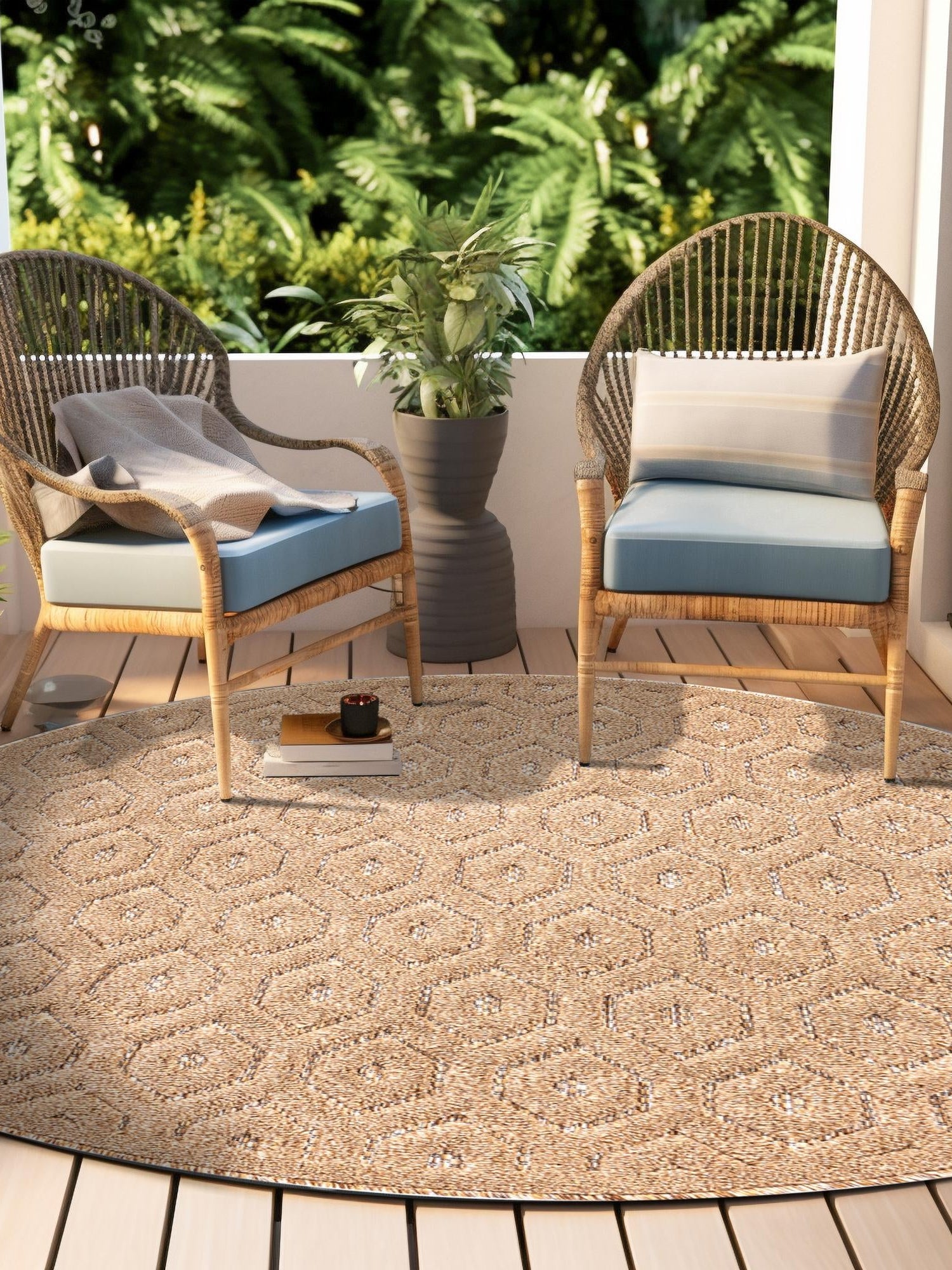 Beige 7' x 7' Outdoor Trellis Textured Round Area Rug Weather Resistant for Patio, Deck, Terrace, Balcony, Porch Geometric Design Water Safe Outside Carpet for Sale at Rug Engine