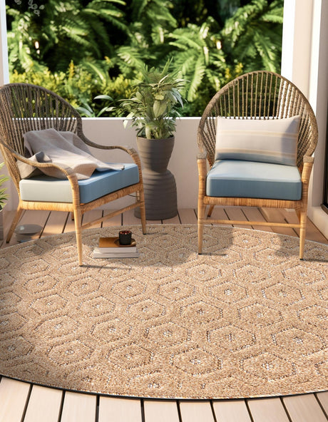 Beige 7' x 7' Outdoor Trellis Textured Round Area Rug Weather Resistant for Patio, Deck, Terrace, Balcony, Porch Geometric Design Water Safe Outside Carpet for Sale at Rug Engine