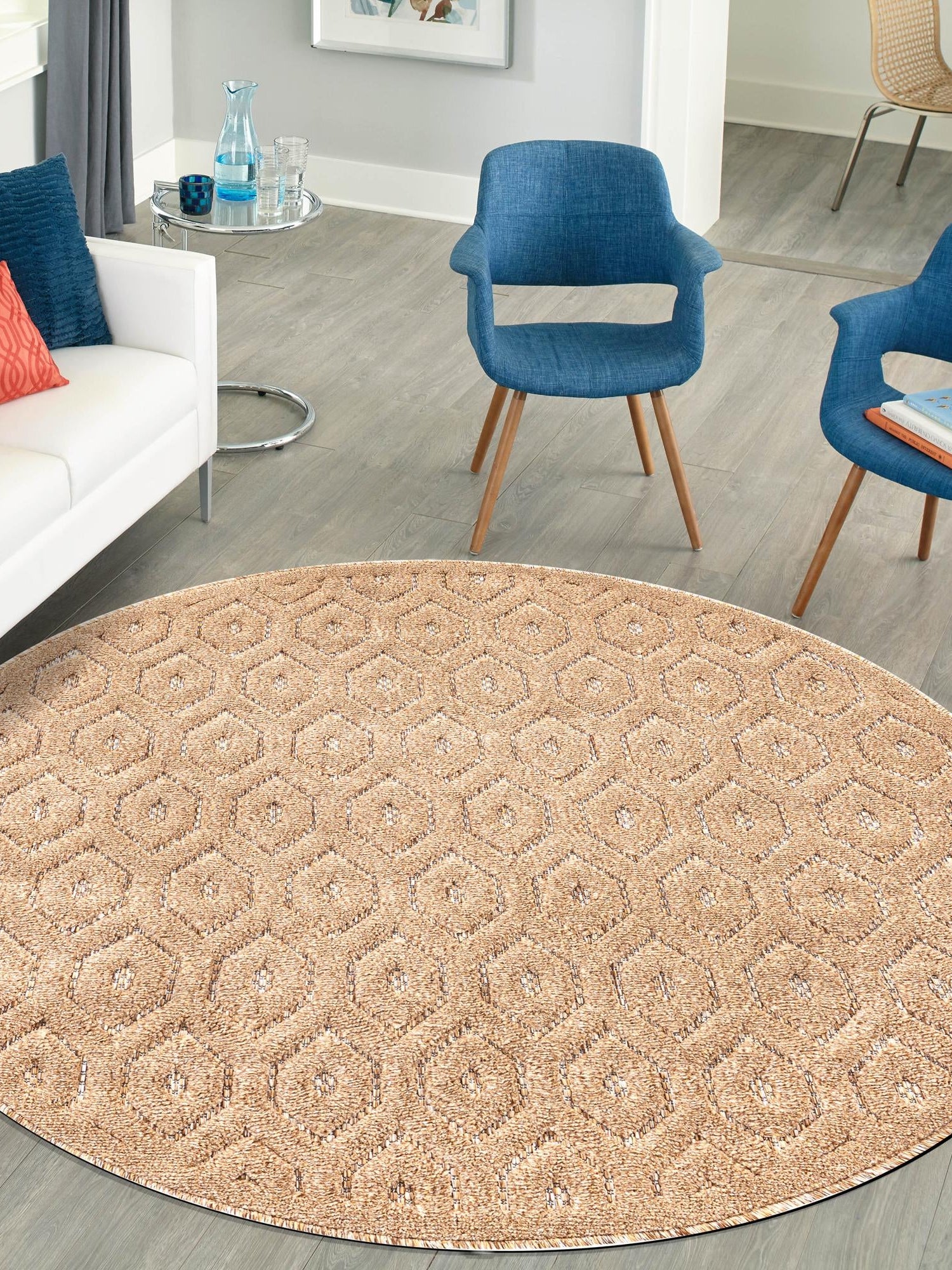 Beige 7' x 7' Outdoor Trellis Textured Round Area Rug Weather Resistant for Patio, Deck, Terrace, Balcony, Porch Geometric Design Water Safe Outside Carpet for Sale at Rug Engine