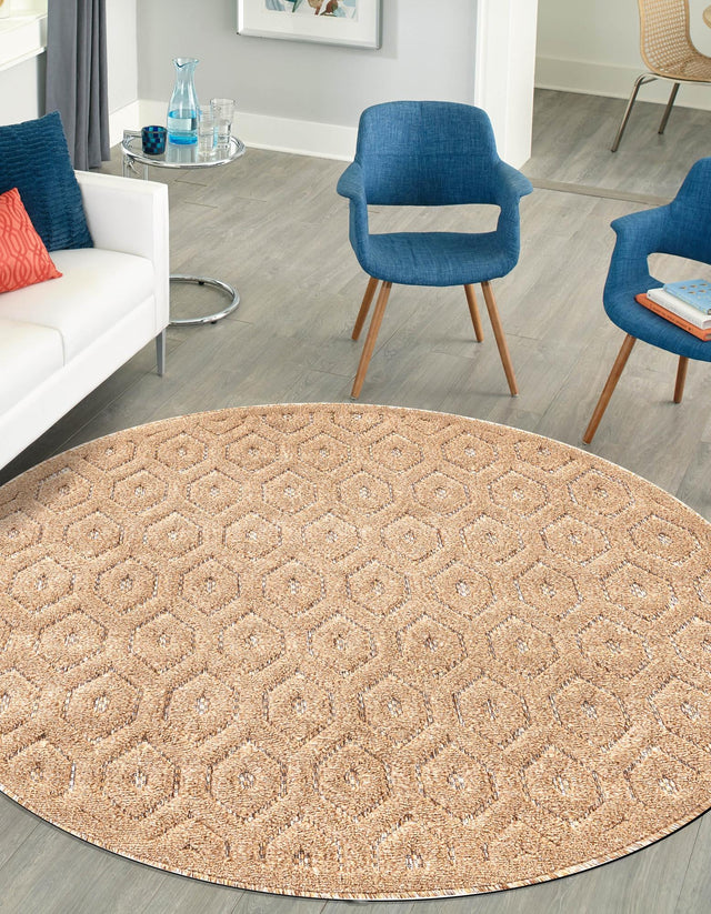 Beige 7' x 7' Outdoor Trellis Textured Round Area Rug Weather Resistant for Patio, Deck, Terrace, Balcony, Porch Geometric Design Water Safe Outside Carpet for Sale at Rug Engine