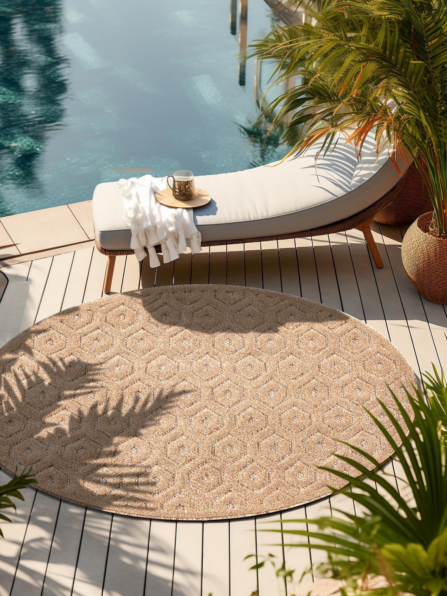Beige 7' x 7' Outdoor Trellis Textured Round Area Rug Weather Resistant for Patio, Deck, Terrace, Balcony, Porch Geometric Design Water Safe Outside Carpet for Sale at Rug Engine