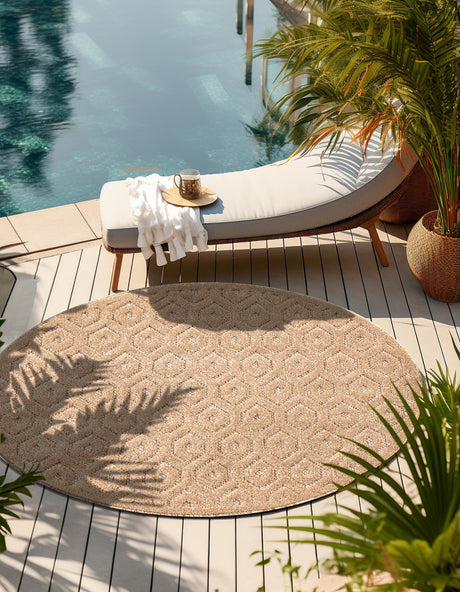 Beige 7' x 7' Outdoor Trellis Textured Round Area Rug Weather Resistant for Patio, Deck, Terrace, Balcony, Porch Geometric Design Water Safe Outside Carpet for Sale at Rug Engine