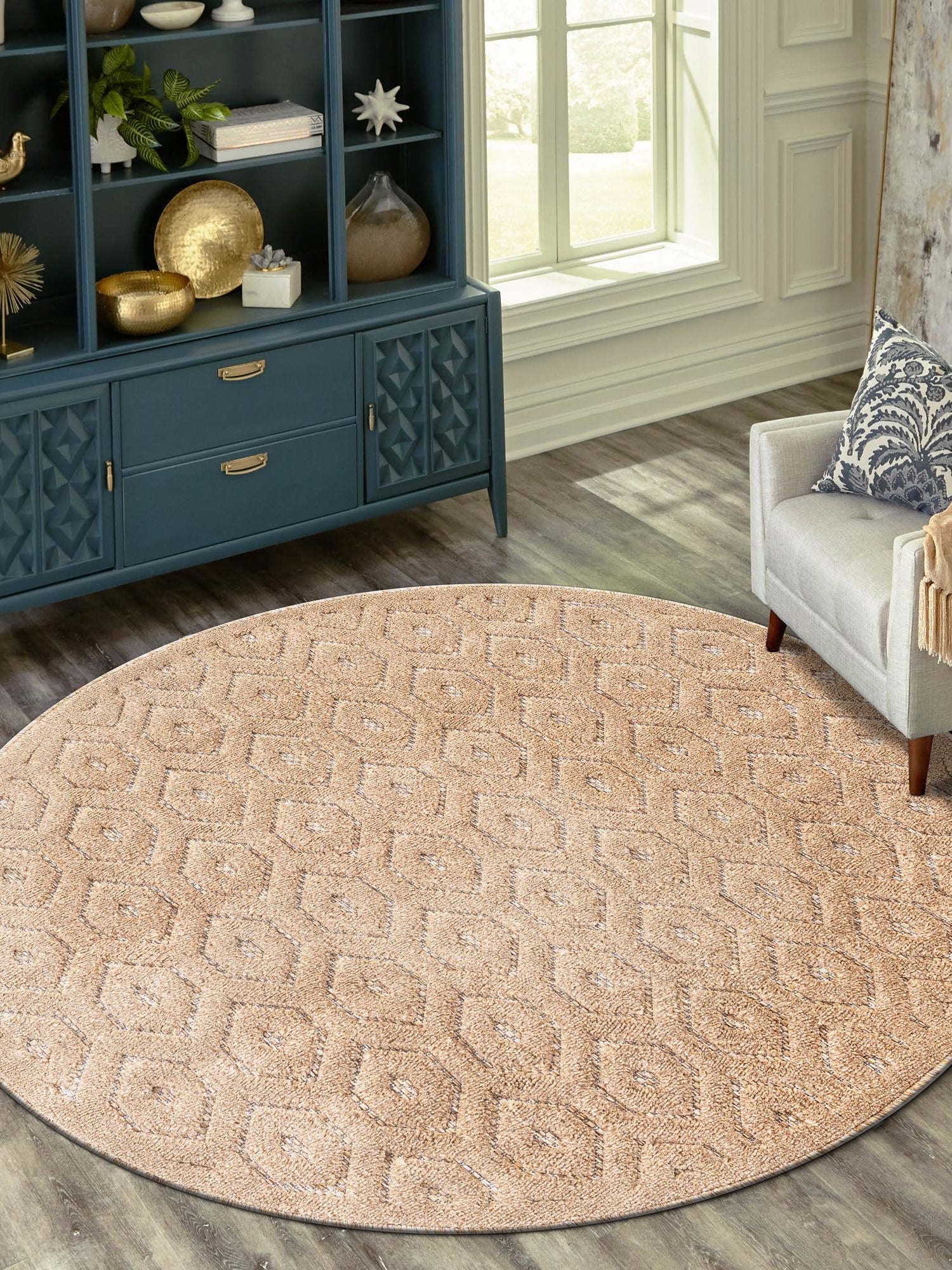 Beige 7' x 7' Outdoor Trellis Textured Round Area Rug Weather Resistant for Patio, Deck, Terrace, Balcony, Porch Geometric Design Water Safe Outside Carpet for Sale at Rug Engine