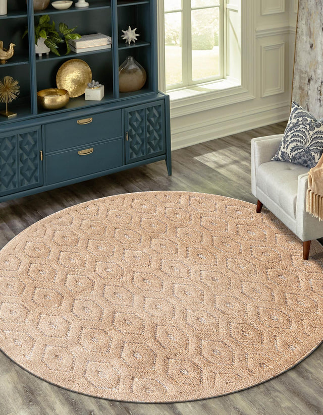 Beige 7' x 7' Outdoor Trellis Textured Round Area Rug Weather Resistant for Patio, Deck, Terrace, Balcony, Porch Geometric Design Water Safe Outside Carpet for Sale at Rug Engine