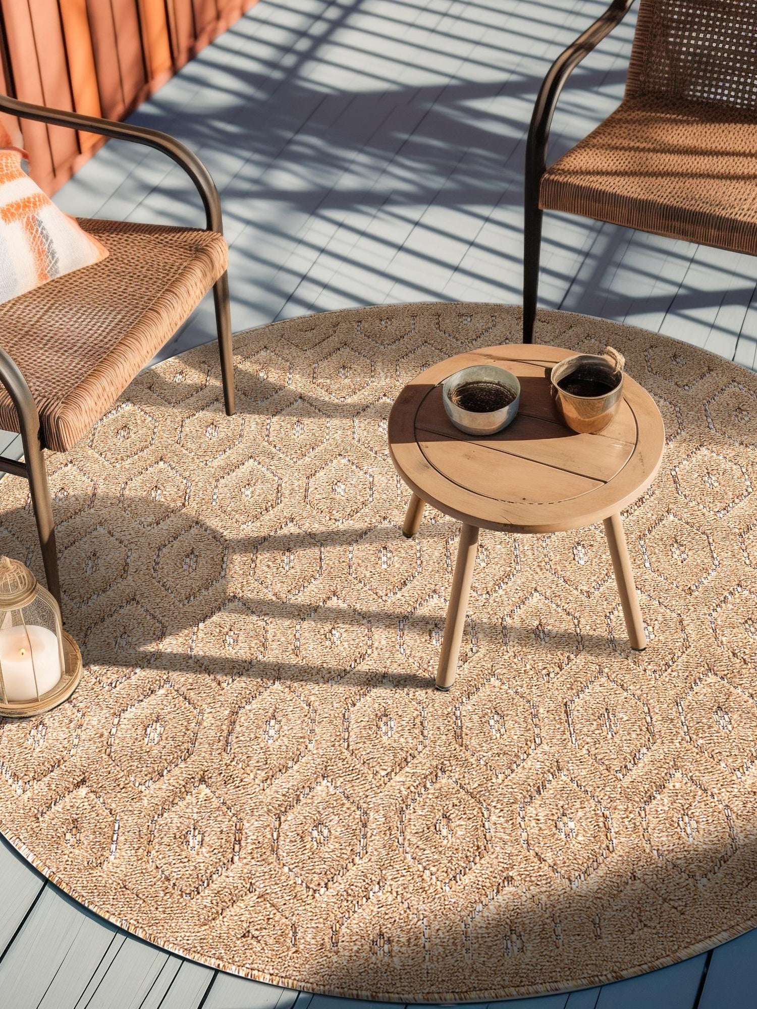 Beige 7' x 7' Outdoor Trellis Textured Round Area Rug Weather Resistant for Patio, Deck, Terrace, Balcony, Porch Geometric Design Water Safe Outside Carpet for Sale at Rug Engine