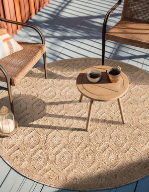 Beige 7' x 7' Outdoor Trellis Textured Round Area Rug Weather Resistant for Patio, Deck, Terrace, Balcony, Porch Geometric Design Water Safe Outside Carpet for Sale at Rug Engine