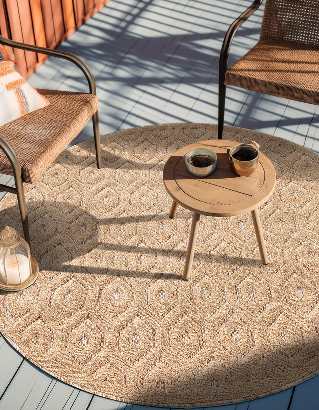 Beige 7' x 7' Outdoor Trellis Textured Round Area Rug Weather Resistant for Patio, Deck, Terrace, Balcony, Porch Geometric Design Water Safe Outside Carpet for Sale at Rug Engine