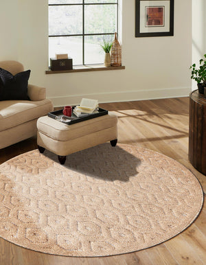 Beige 4' x 4' Outdoor Trellis Textured Round Area Rug Weather Resistant for Patio, Deck, Terrace, Balcony, Porch Geometric Design Water Safe Outside Carpet for Sale at Rug Engine