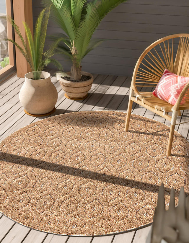 Beige 4' x 4' Outdoor Trellis Textured Round Area Rug Weather Resistant for Patio, Deck, Terrace, Balcony, Porch Geometric Design Water Safe Outside Carpet for Sale at Rug Engine