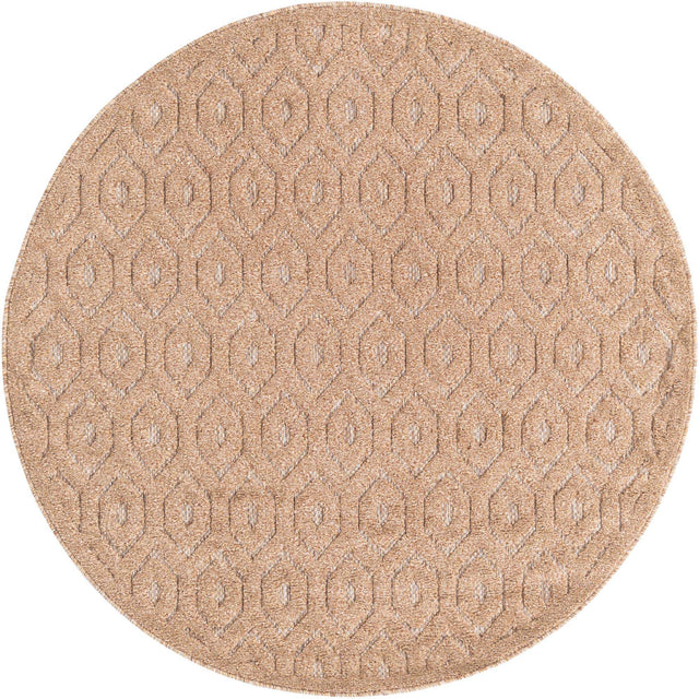 Beige 5' 3 x 5' 3 Outdoor Trellis Textured Round Area Rug Weather Resistant for Patio, Deck, Terrace, Balcony, Porch Geometric Design Water Safe Outside Carpet for Sale at Rug Engine
