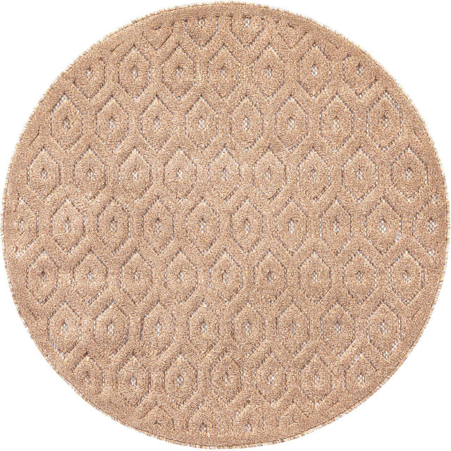 Beige 4' x 4' Outdoor Trellis Textured Round Area Rug Weather Resistant for Patio, Deck, Terrace, Balcony, Porch Geometric Design Water Safe Outside Carpet for Sale at Rug Engine