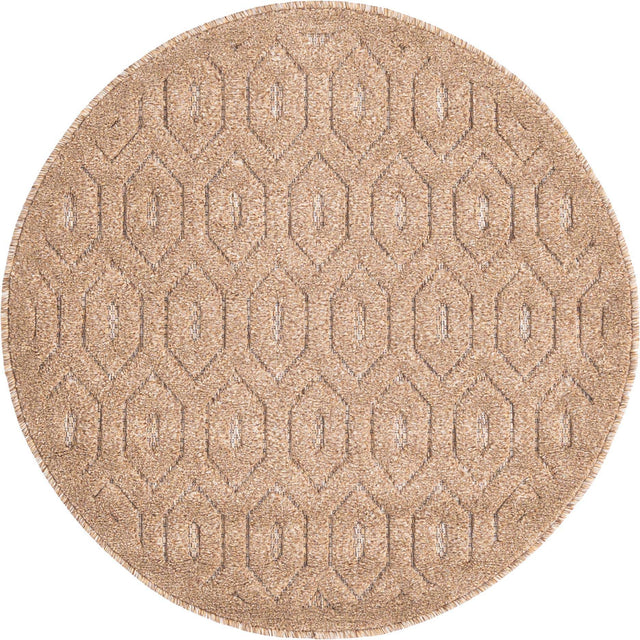Beige 3' x 3' Outdoor Trellis Textured Round Area Rug Weather Resistant for Patio, Deck, Terrace, Balcony, Porch Geometric Design Water Safe Outside Carpet for Sale at Rug Engine