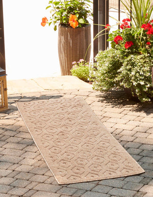 Beige 2' x 8' Outdoor Trellis Textured Runner Area Rug Weather Resistant for Patio, Deck, Terrace, Balcony, Porch Geometric Design Water Safe Outside Carpet for Sale at Rug Engine