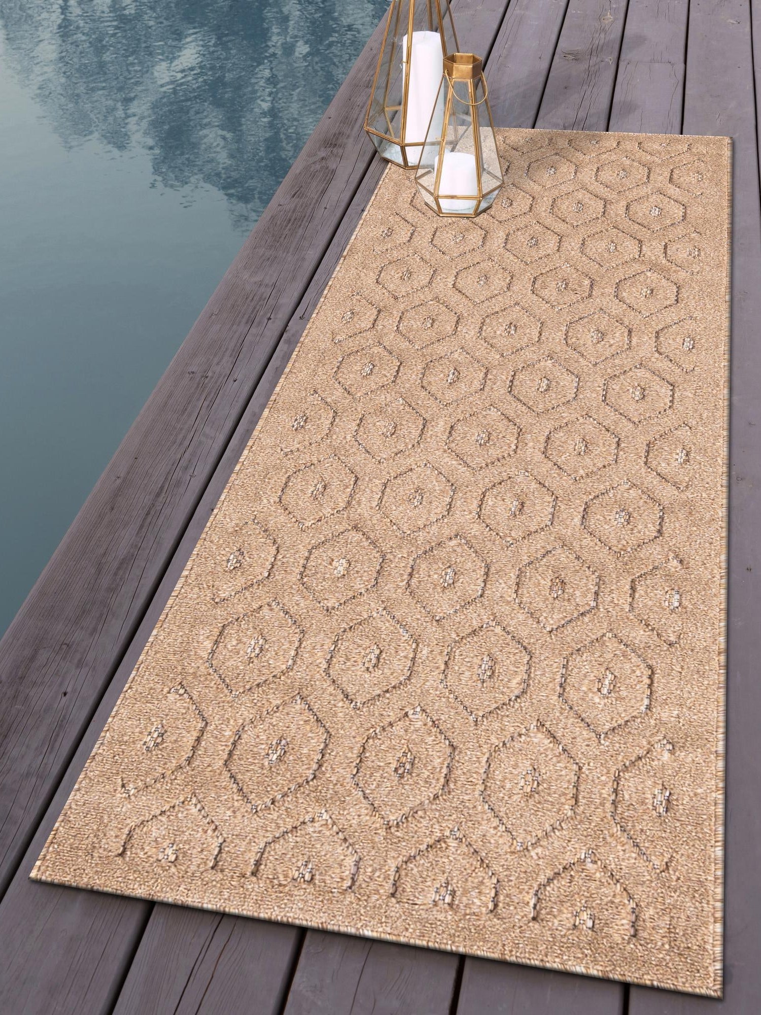 Beige 2' x 8' Outdoor Trellis Textured Runner Area Rug Weather Resistant for Patio, Deck, Terrace, Balcony, Porch Geometric Design Water Safe Outside Carpet for Sale at Rug Engine