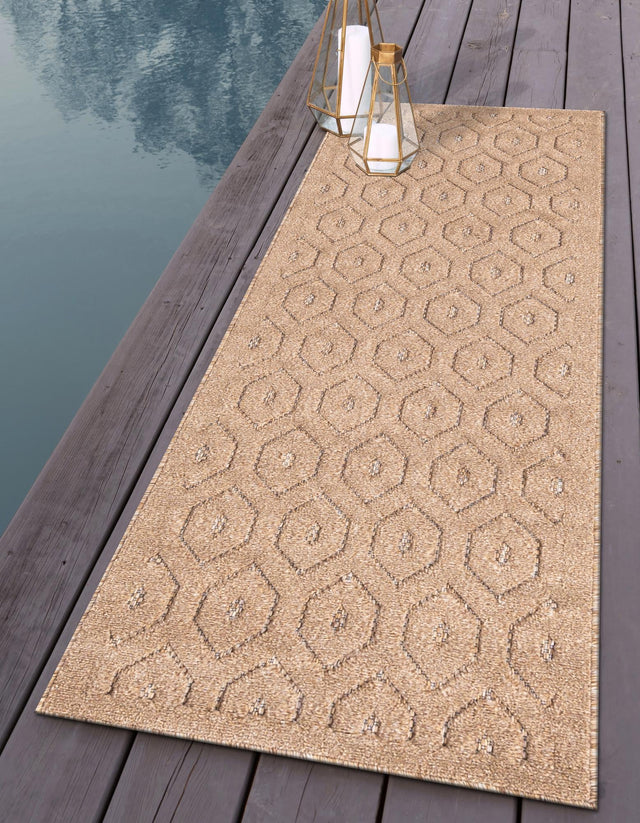 Beige 2' x 8' Outdoor Trellis Textured Runner Area Rug Weather Resistant for Patio, Deck, Terrace, Balcony, Porch Geometric Design Water Safe Outside Carpet for Sale at Rug Engine