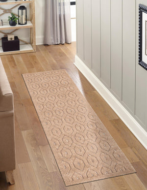 Beige 2' x 8' Outdoor Trellis Textured Runner Area Rug Weather Resistant for Patio, Deck, Terrace, Balcony, Porch Geometric Design Water Safe Outside Carpet for Sale at Rug Engine