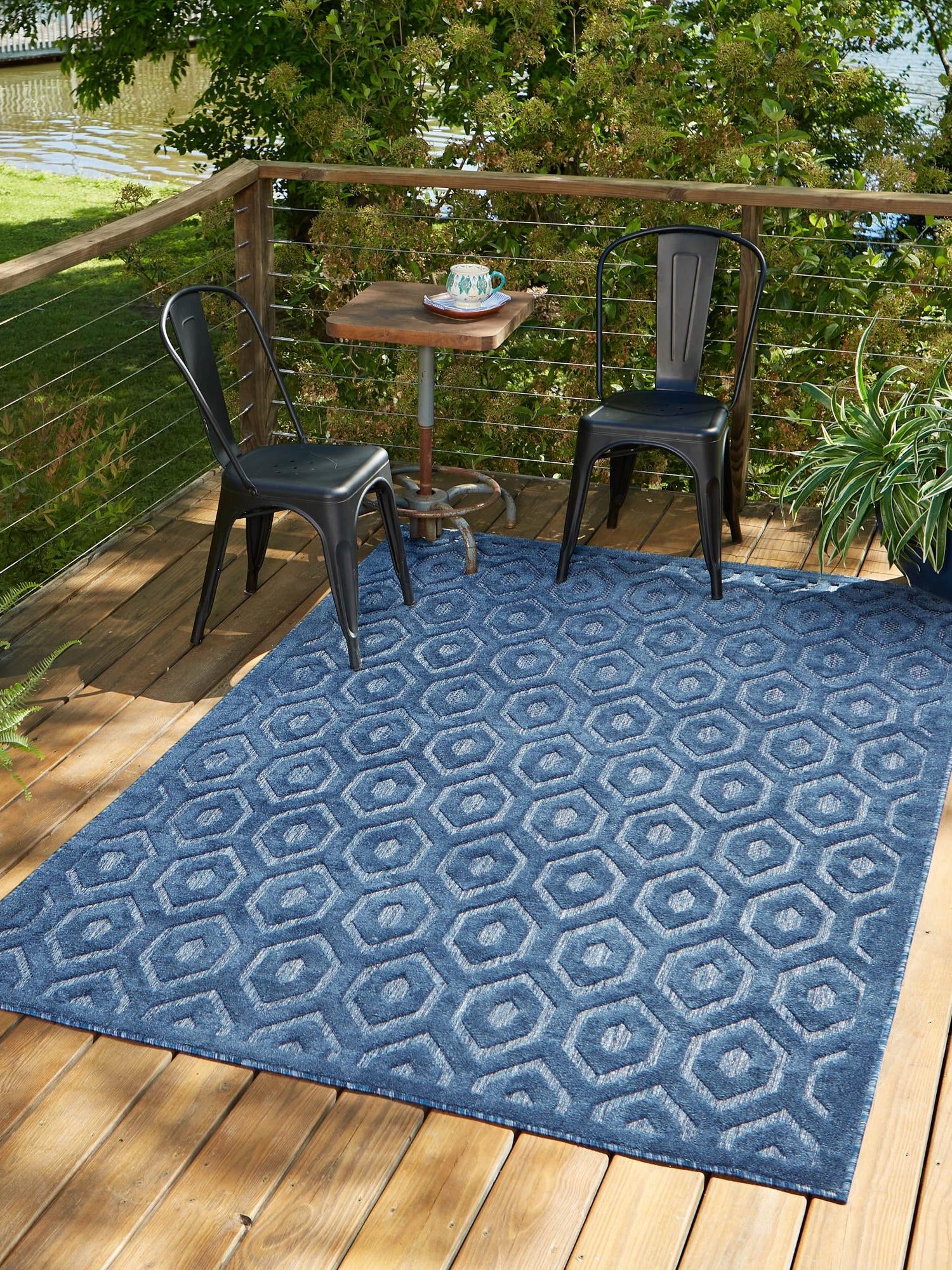 Navy Blue 1' 4 x 1' 4 Outdoor Trellis Textured Sample Area Rug Weather Resistant for Patio, Deck, Terrace, Balcony, Porch Geometric Design Water Safe Outside Carpet for Sale at Rug Engine