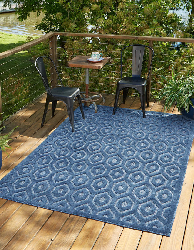 Navy Blue 1' 4 x 1' 4 Outdoor Trellis Textured Sample Area Rug Weather Resistant for Patio, Deck, Terrace, Balcony, Porch Geometric Design Water Safe Outside Carpet for Sale at Rug Engine