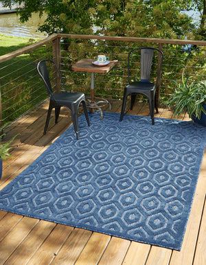 Navy Blue 5' 3 x 8' Outdoor Trellis Textured Rectangle Area Rug Weather Resistant for Patio, Deck, Terrace, Balcony, Porch Geometric Design Water Safe Outside Carpet for Sale at Rug Engine
