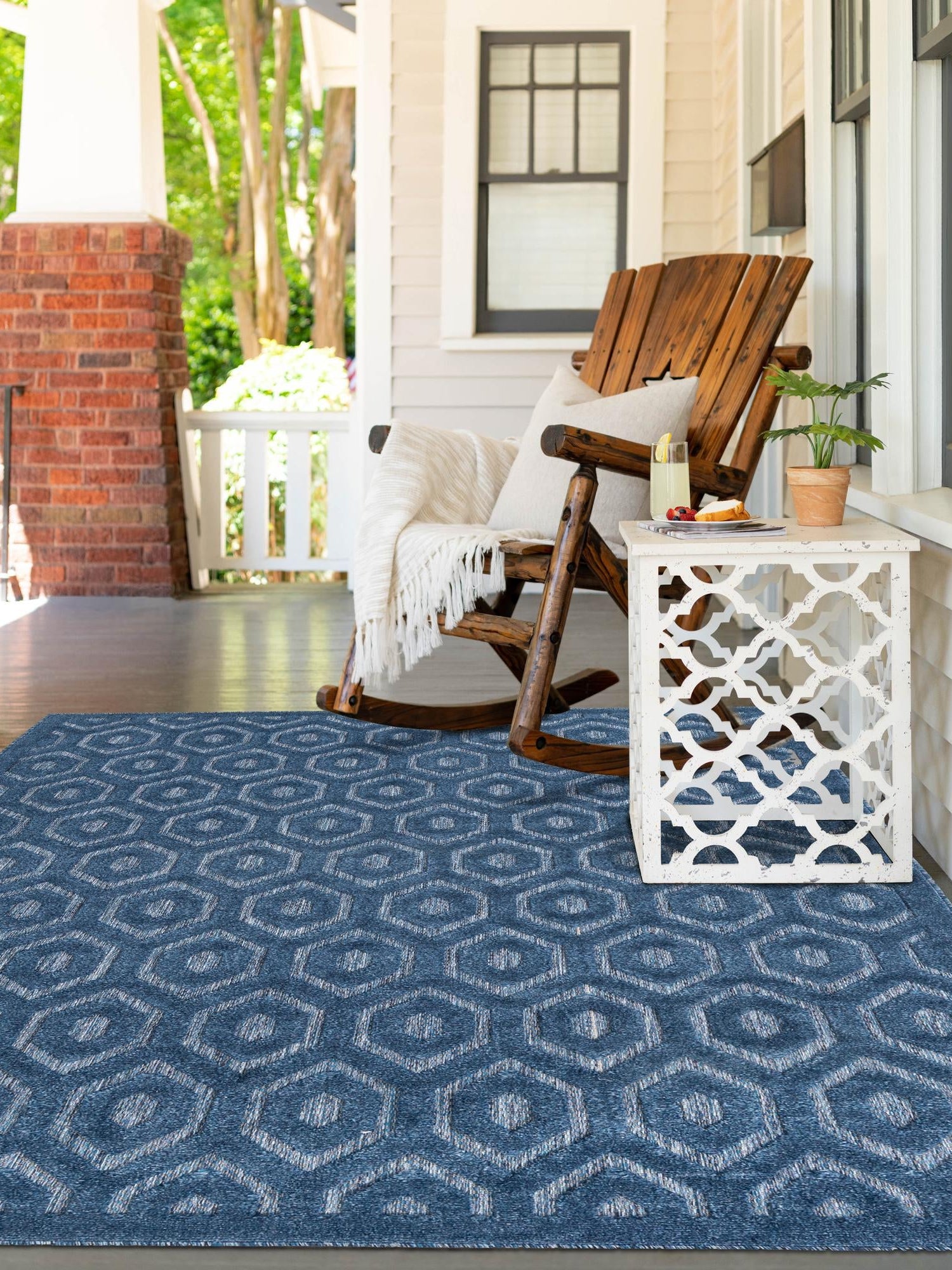 Navy Blue 4' x 6' Outdoor Trellis Textured Rectangle Area Rug Weather Resistant for Patio, Deck, Terrace, Balcony, Porch Geometric Design Water Safe Outside Carpet for Sale at Rug Engine
