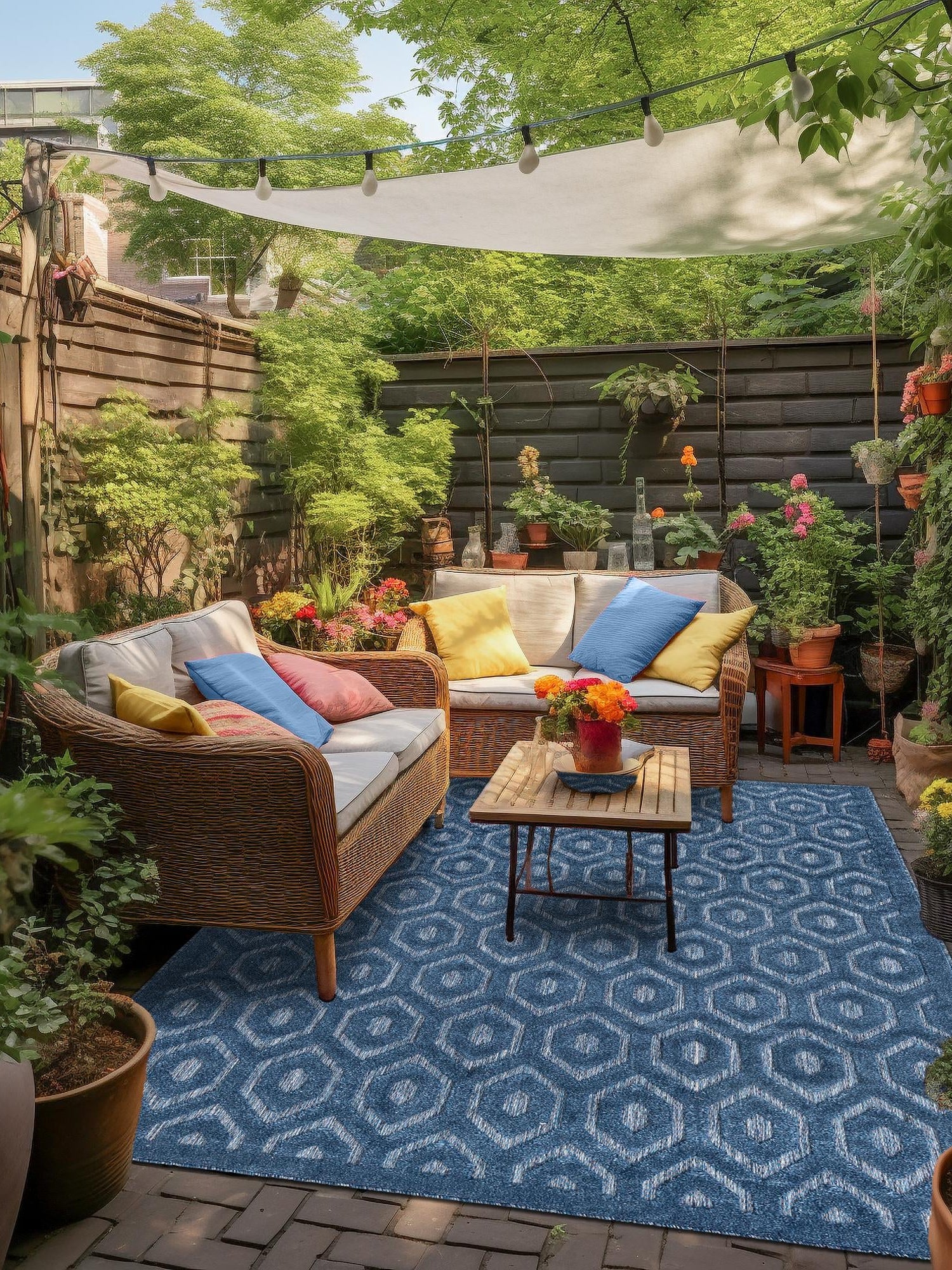 Navy Blue 6' x 9' Outdoor Trellis Textured Rectangle Area Rug Weather Resistant for Patio, Deck, Terrace, Balcony, Porch Geometric Design Water Safe Outside Carpet for Sale at Rug Engine