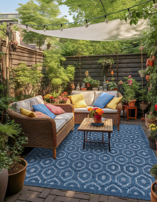 Navy Blue 5' 3 x 8' Outdoor Trellis Textured Rectangle Area Rug Weather Resistant for Patio, Deck, Terrace, Balcony, Porch Geometric Design Water Safe Outside Carpet for Sale at Rug Engine