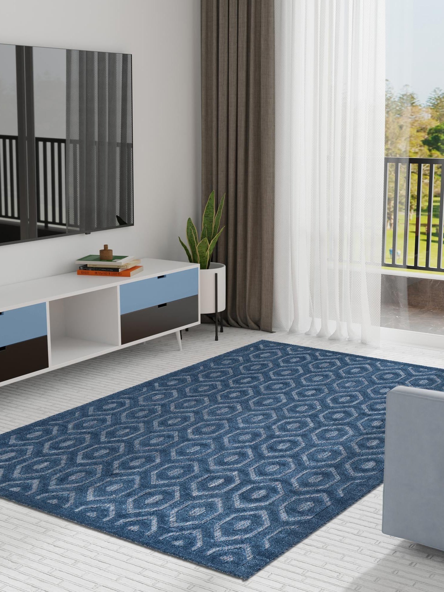 Navy Blue 6' x 9' Outdoor Trellis Textured Rectangle Area Rug Weather Resistant for Patio, Deck, Terrace, Balcony, Porch Geometric Design Water Safe Outside Carpet for Sale at Rug Engine