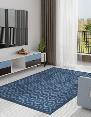 Navy Blue 6' x 9' Outdoor Trellis Textured Rectangle Area Rug Weather Resistant for Patio, Deck, Terrace, Balcony, Porch Geometric Design Water Safe Outside Carpet for Sale at Rug Engine
