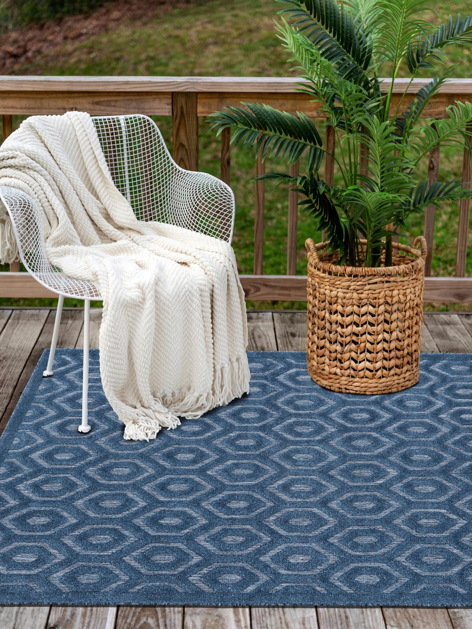 Navy Blue 7' 10 x 10' Outdoor Trellis Textured Rectangle Area Rug Weather Resistant for Patio, Deck, Terrace, Balcony, Porch Geometric Design Water Safe Outside Carpet for Sale at Rug Engine