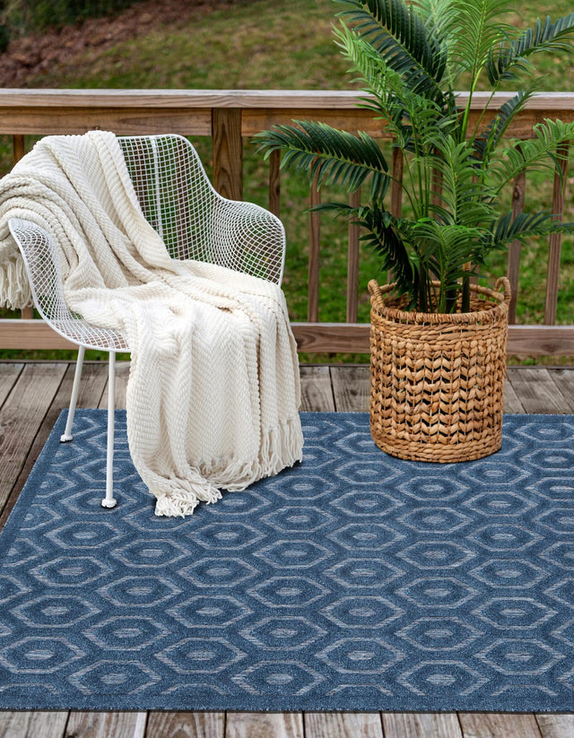 Navy Blue 5' 3 x 8' Outdoor Trellis Textured Rectangle Area Rug Weather Resistant for Patio, Deck, Terrace, Balcony, Porch Geometric Design Water Safe Outside Carpet for Sale at Rug Engine