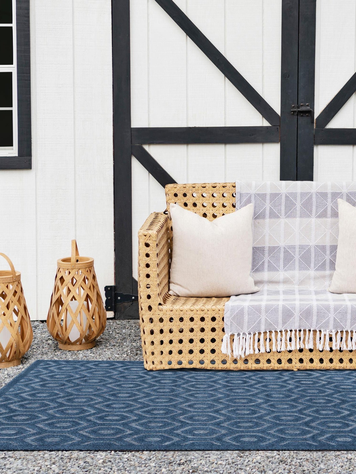 Navy Blue 6' x 9' Outdoor Trellis Textured Rectangle Area Rug Weather Resistant for Patio, Deck, Terrace, Balcony, Porch Geometric Design Water Safe Outside Carpet for Sale at Rug Engine