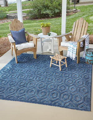 Navy Blue 7' 10 x 7' 10 Outdoor Trellis Textured Square Area Rug Weather Resistant for Patio, Deck, Terrace, Balcony, Porch Geometric Design Water Safe Outside Carpet for Sale at Rug Engine