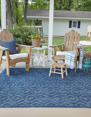 Navy Blue 7' 10 x 7' 10 Outdoor Trellis Textured Square Area Rug Weather Resistant for Patio, Deck, Terrace, Balcony, Porch Geometric Design Water Safe Outside Carpet for Sale at Rug Engine