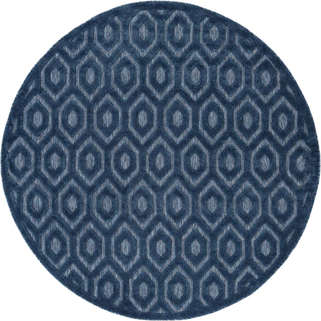 Navy Blue 7' x 7' Outdoor Trellis Textured Round Area Rug Weather Resistant for Patio, Deck, Terrace, Balcony, Porch Geometric Design Water Safe Outside Carpet for Sale at Rug Engine