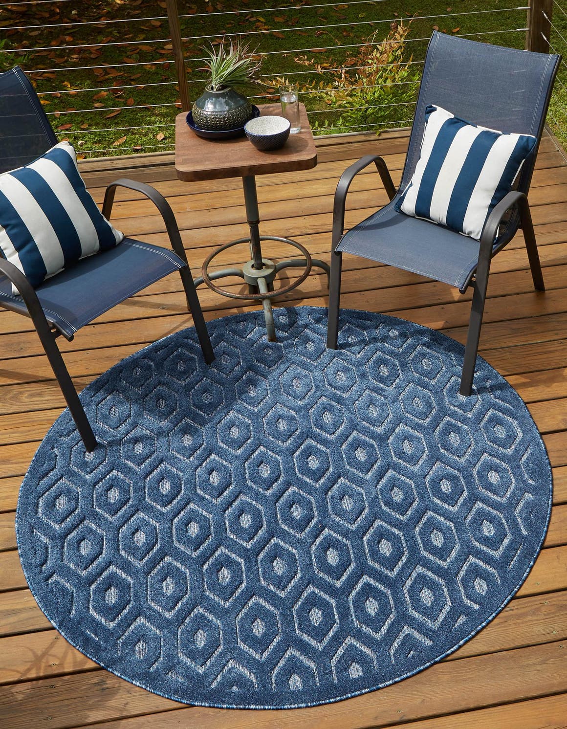 Navy Blue 3' x 3' Outdoor Trellis Textured Round Area Rug Weather Resistant for Patio, Deck, Terrace, Balcony, Porch Geometric Design Water Safe Outside Carpet for Sale at Rug Engine