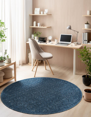 Navy Blue 4' x 4' Outdoor Trellis Textured Round Area Rug Weather Resistant for Patio, Deck, Terrace, Balcony, Porch Geometric Design Water Safe Outside Carpet for Sale at Rug Engine