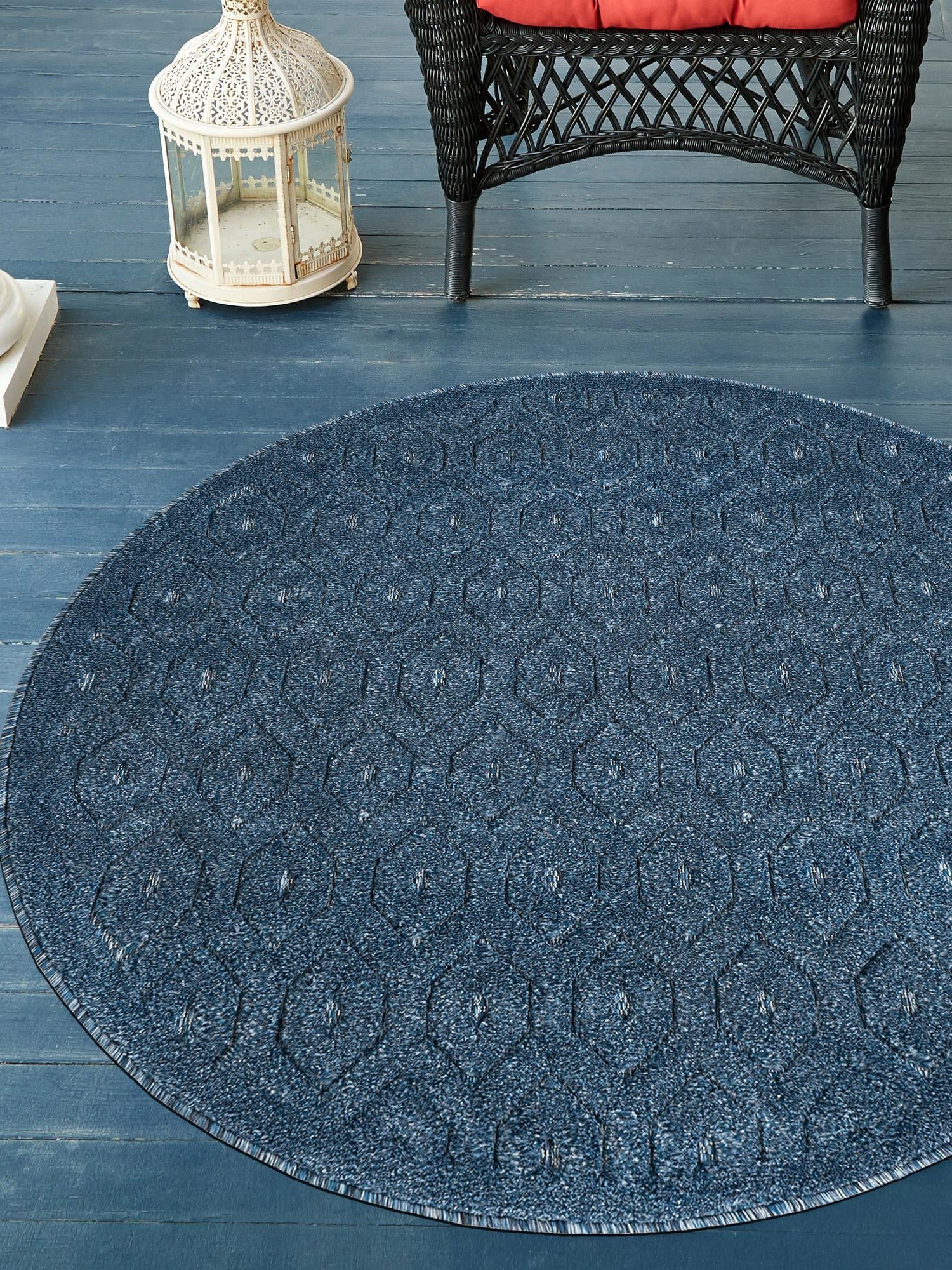 Navy Blue 3' x 3' Outdoor Trellis Textured Round Area Rug Weather Resistant for Patio, Deck, Terrace, Balcony, Porch Geometric Design Water Safe Outside Carpet for Sale at Rug Engine