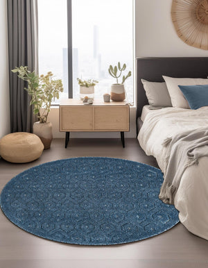 Navy Blue 7' x 7' Outdoor Trellis Textured Round Area Rug Weather Resistant for Patio, Deck, Terrace, Balcony, Porch Geometric Design Water Safe Outside Carpet for Sale at Rug Engine
