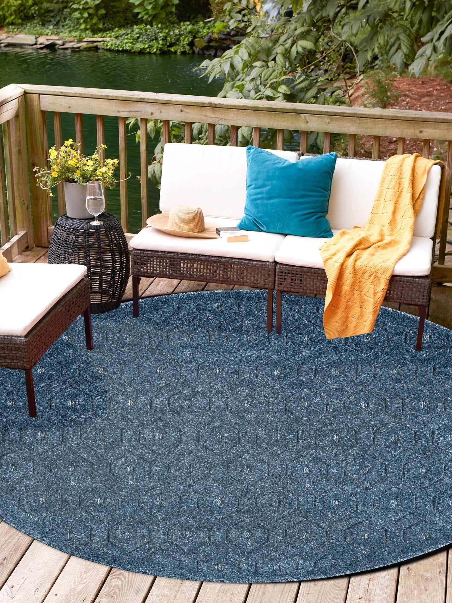 Navy Blue 4' x 4' Outdoor Trellis Textured Round Area Rug Weather Resistant for Patio, Deck, Terrace, Balcony, Porch Geometric Design Water Safe Outside Carpet for Sale at Rug Engine