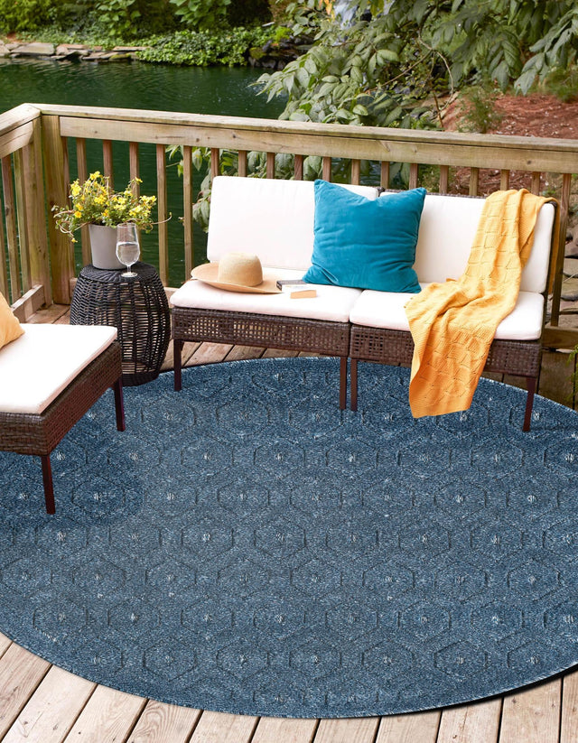 Navy Blue 4' x 4' Outdoor Trellis Textured Round Area Rug Weather Resistant for Patio, Deck, Terrace, Balcony, Porch Geometric Design Water Safe Outside Carpet for Sale at Rug Engine