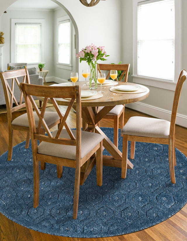 Navy Blue 7' x 7' Outdoor Trellis Textured Round Area Rug Weather Resistant for Patio, Deck, Terrace, Balcony, Porch Geometric Design Water Safe Outside Carpet for Sale at Rug Engine