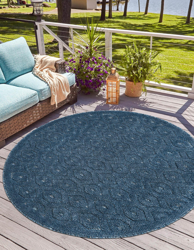 Navy Blue 3' x 3' Outdoor Trellis Textured Round Area Rug Weather Resistant for Patio, Deck, Terrace, Balcony, Porch Geometric Design Water Safe Outside Carpet for Sale at Rug Engine