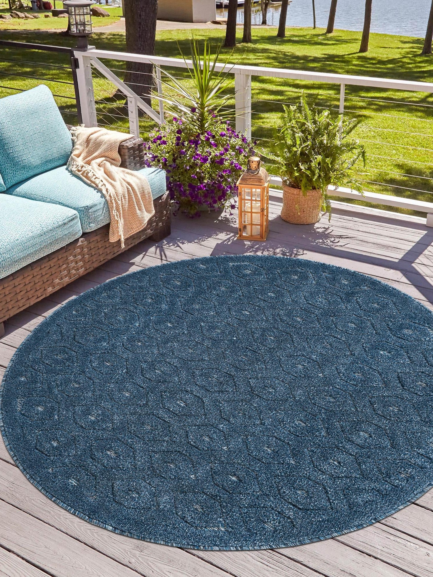 Navy Blue 4' x 4' Outdoor Trellis Textured Round Area Rug Weather Resistant for Patio, Deck, Terrace, Balcony, Porch Geometric Design Water Safe Outside Carpet for Sale at Rug Engine