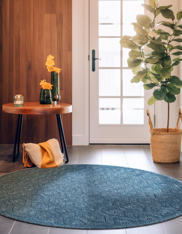 Navy Blue 4' x 4' Outdoor Trellis Textured Round Area Rug Weather Resistant for Patio, Deck, Terrace, Balcony, Porch Geometric Design Water Safe Outside Carpet for Sale at Rug Engine
