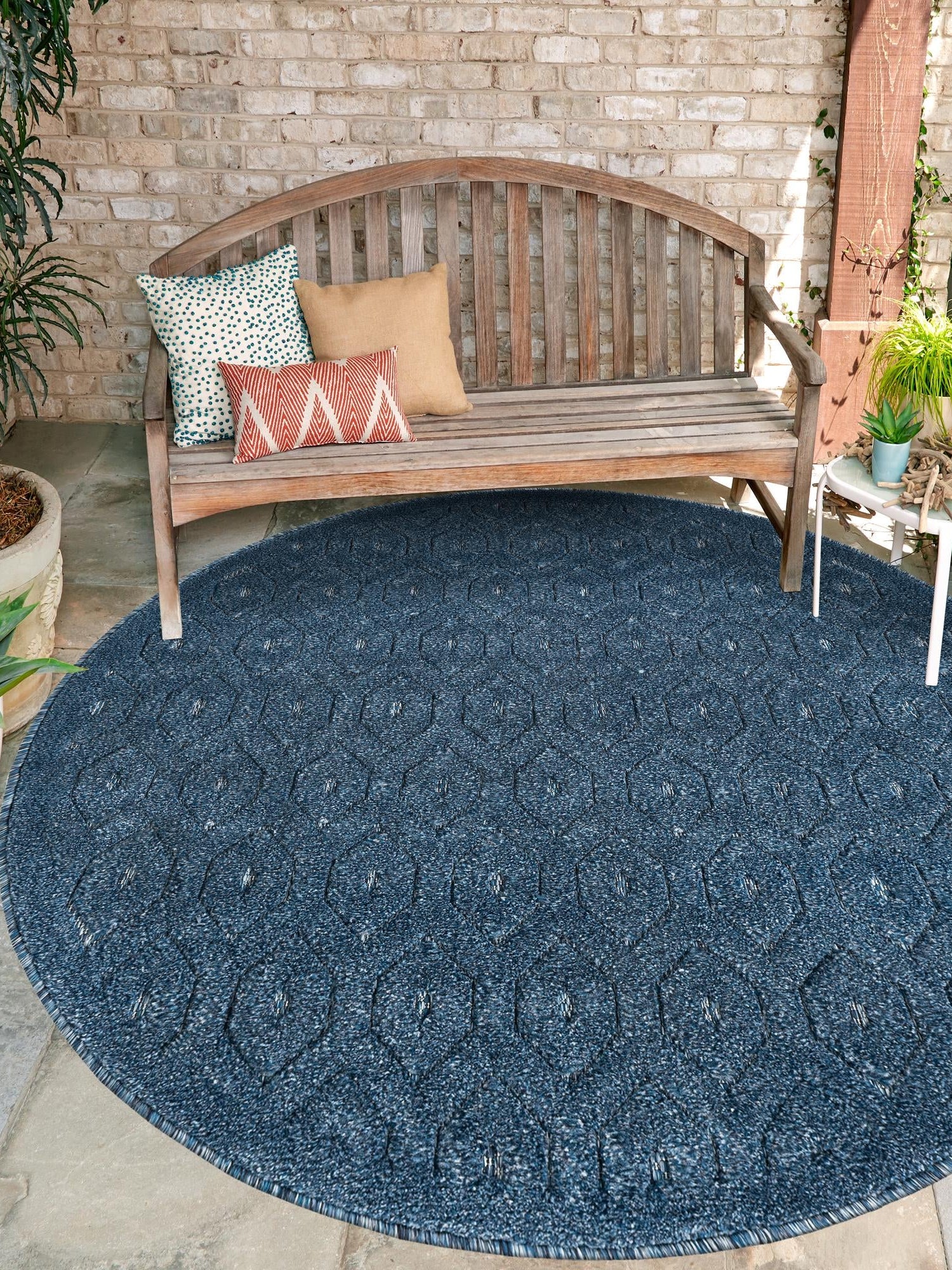 Navy Blue 3' x 3' Outdoor Trellis Textured Round Area Rug Weather Resistant for Patio, Deck, Terrace, Balcony, Porch Geometric Design Water Safe Outside Carpet for Sale at Rug Engine